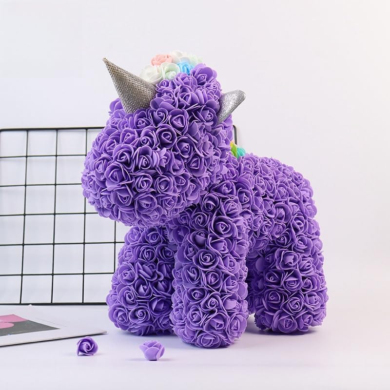 Purple rose unicorn sculpture made with artificial flowers, ideal for children's rooms, baby showers, or as a whimsical gift for unicorn lovers