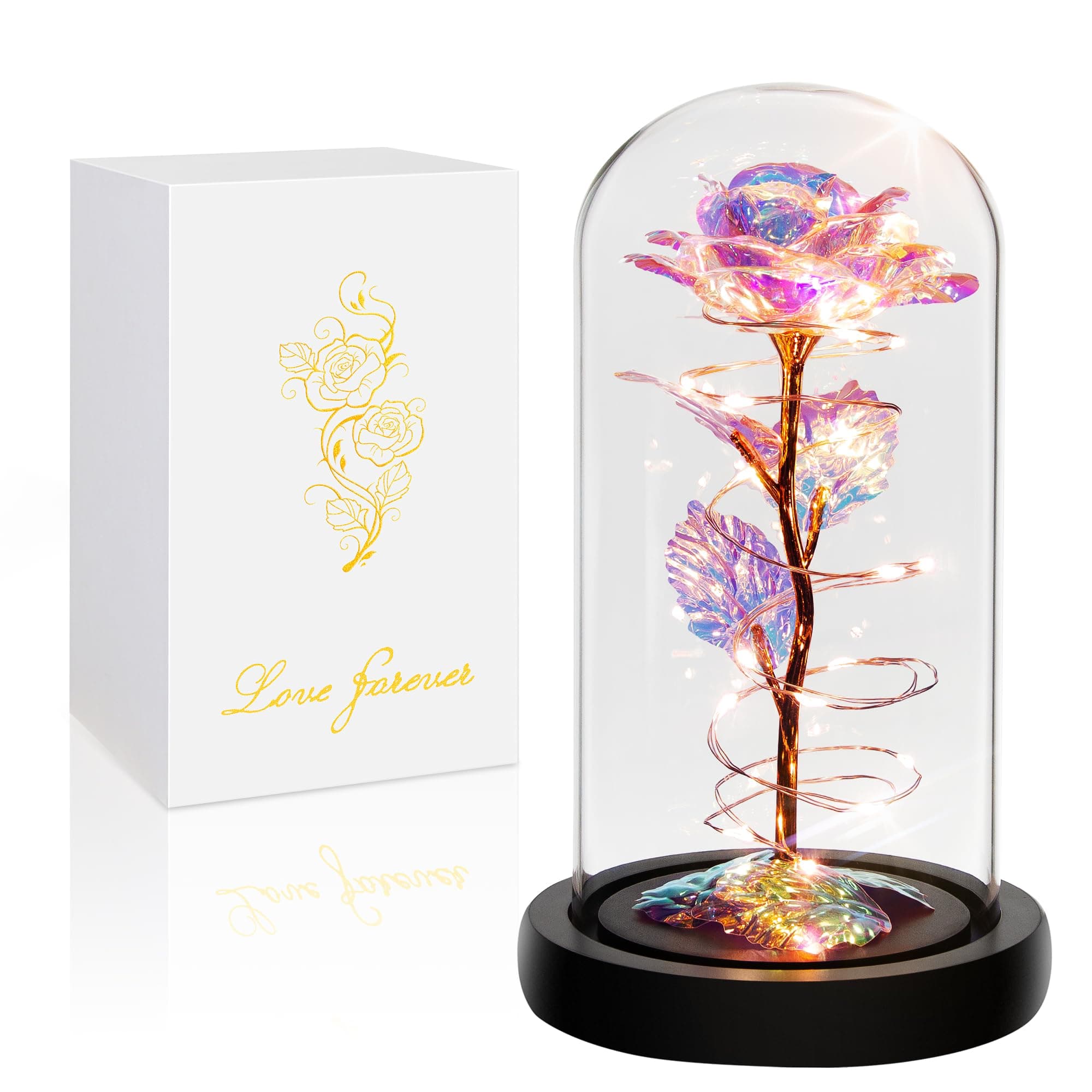 Rainbow enchanted rose in a glass dome with LED lights, perfect for unique gifts and decor.