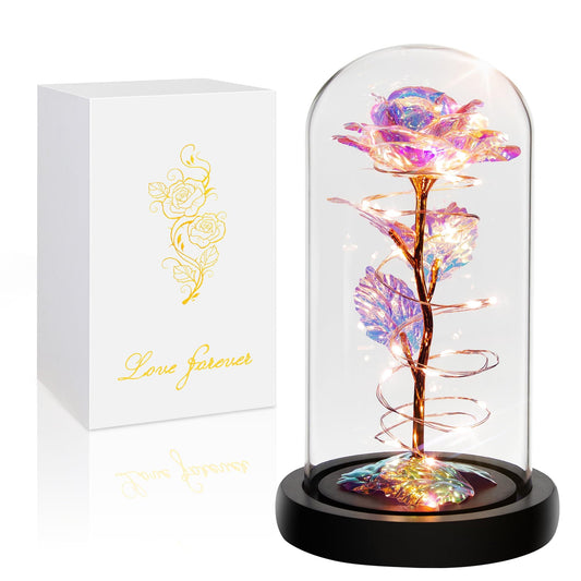 Rainbow enchanted rose in a glass dome with LED lights, perfect for unique gifts and decor.