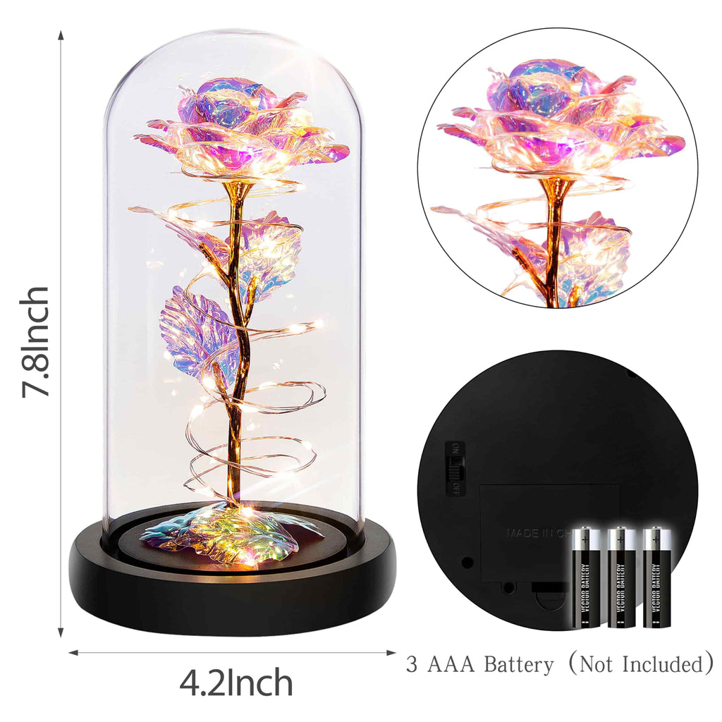 LED-lit rainbow rose under a glass dome, ideal for festive decorations and gifts.