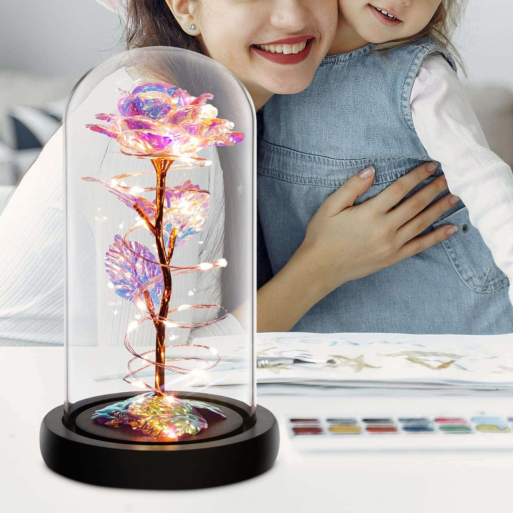 Enchanted rainbow rose with LED lights in a glass dome, perfect for special occasions.