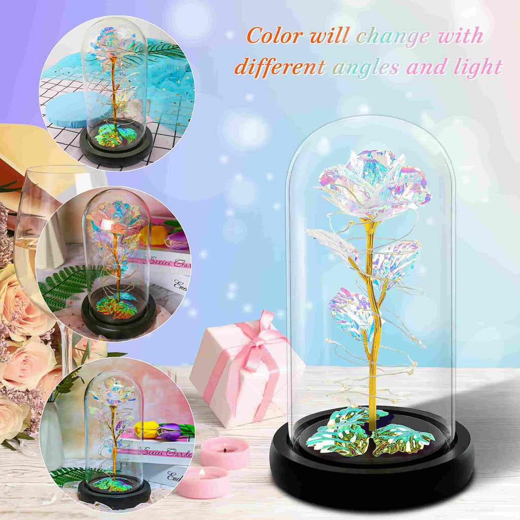 Eternal rainbow rose with glowing LED lights under glass, a unique and vibrant home decor piece.