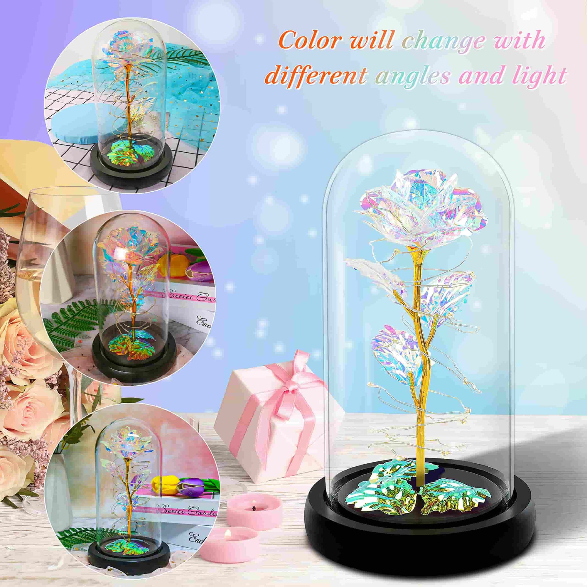 Eternal rainbow rose with glowing LED lights under glass, a unique and vibrant home decor piece.