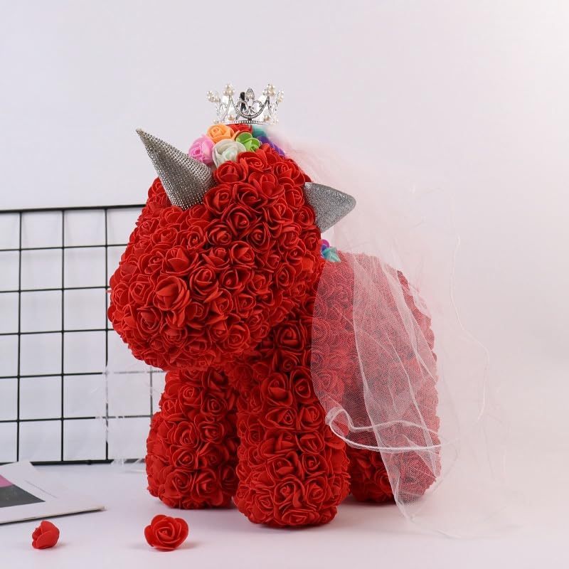 Red rose unicorn sculpture made with artificial flowers, ideal for kids, teens, or unicorn enthusiasts, perfect for birthdays and room decor