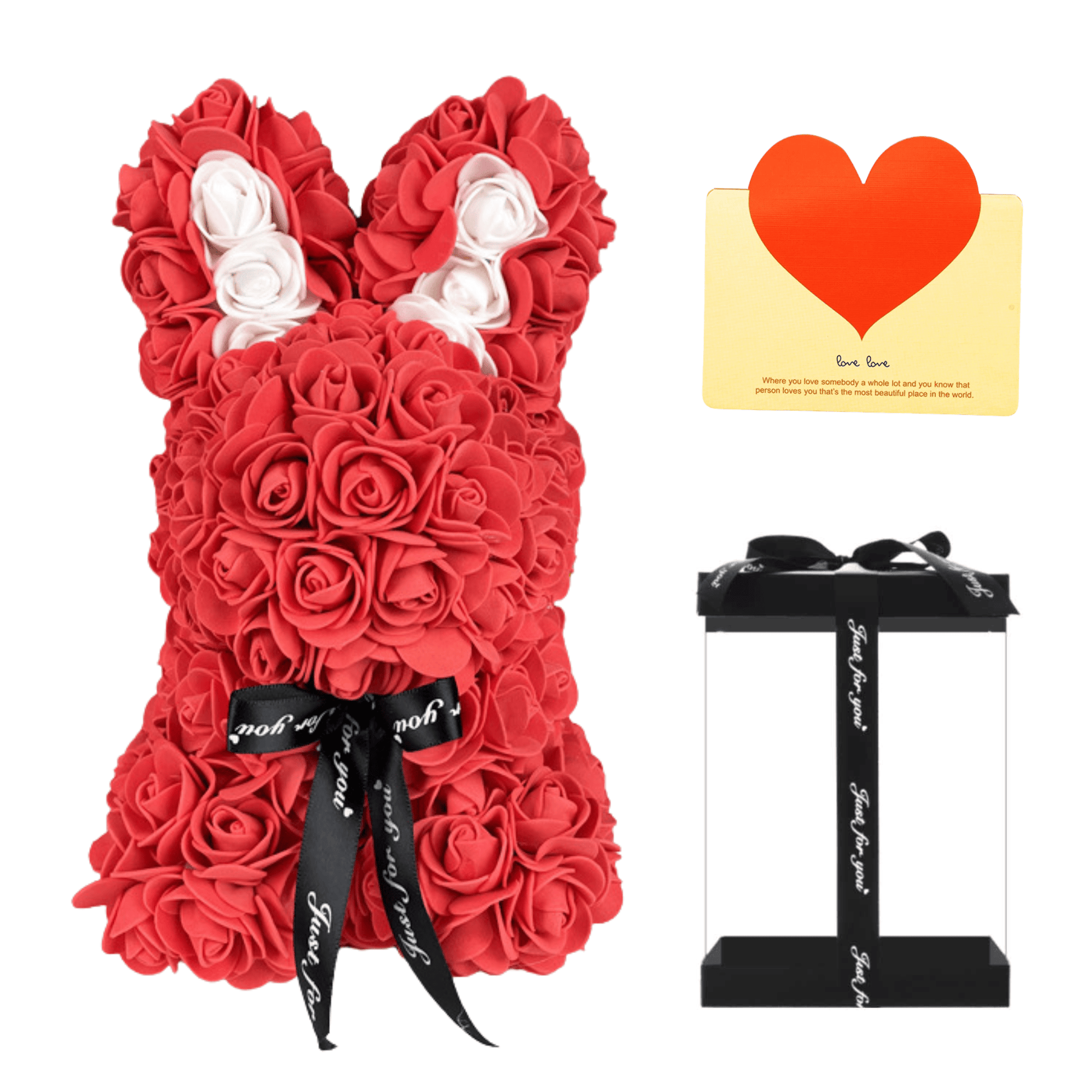 Red floral bunny with roses, white accents, ribbon, and a love card, ideal for Easter, gifting to girlfriends, wives, and for anniversaries or special occasions