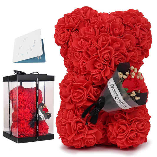 Red rose teddy bear holding a bouquet, made from artificial roses, a perfect romantic gift for Valentine's Day, anniversaries, or birthdays.