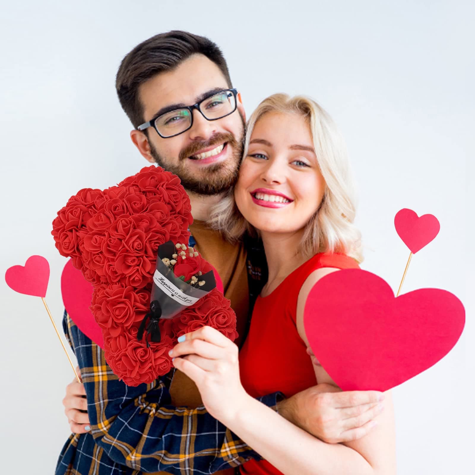 Red rose teddy bear with bouquet, crafted from high-quality artificial roses, a timeless gift for special moments like engagements or anniversaries.