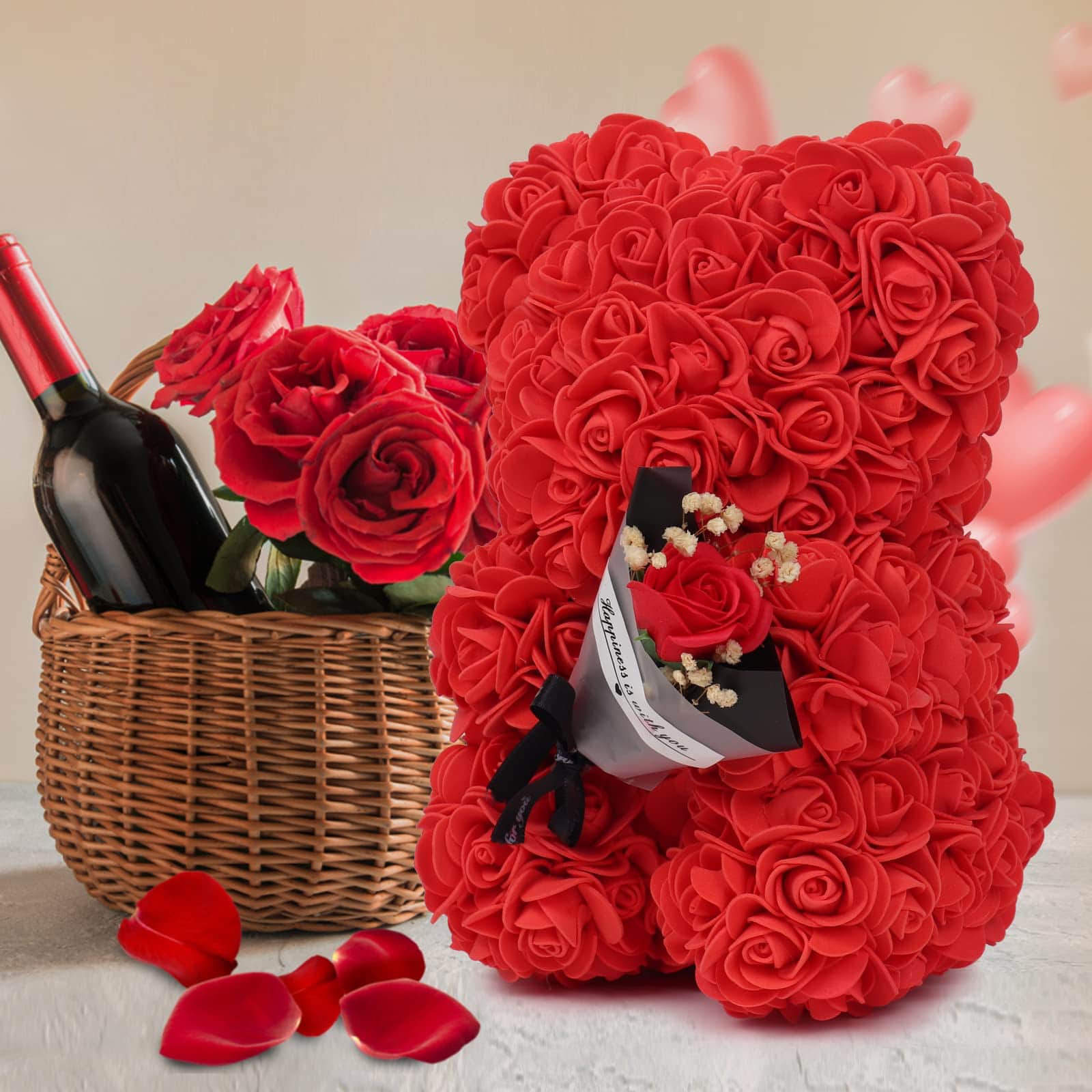 Red rose teddy bear with a bouquet, a stunning and romantic gift, created with care and attention to detail for Valentine's Day, anniversaries, or birthdays.