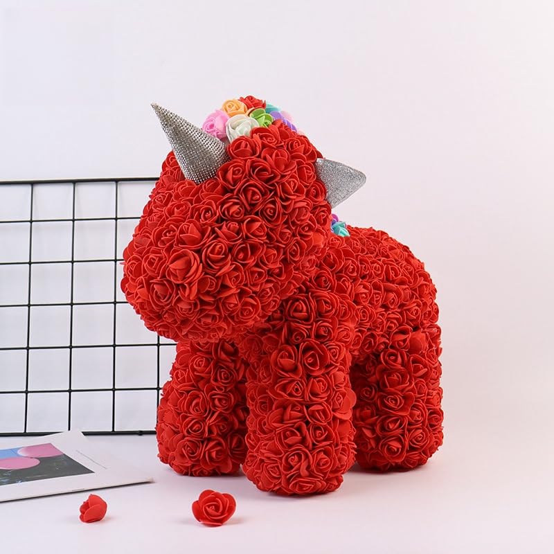 Red rose unicorn sculpture made with artificial flowers, ideal for children's rooms, baby showers, or as a whimsical gift for unicorn lovers