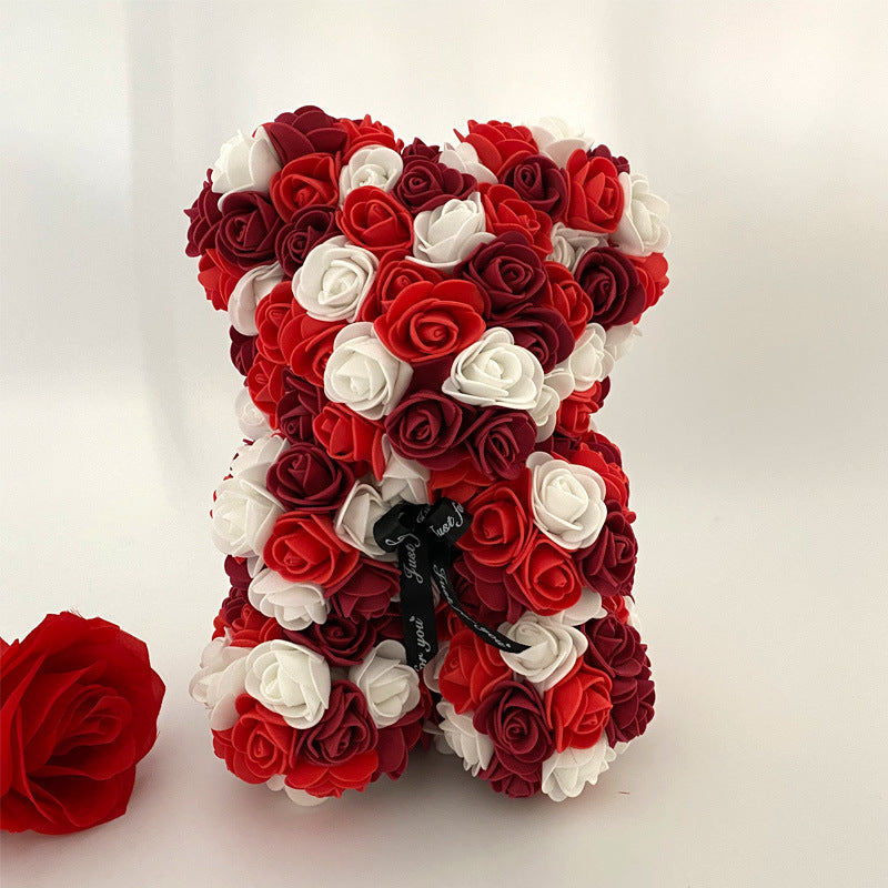 An elegant artificial rose teddy bear, perfect for home decor or as a unique gift for loved ones.