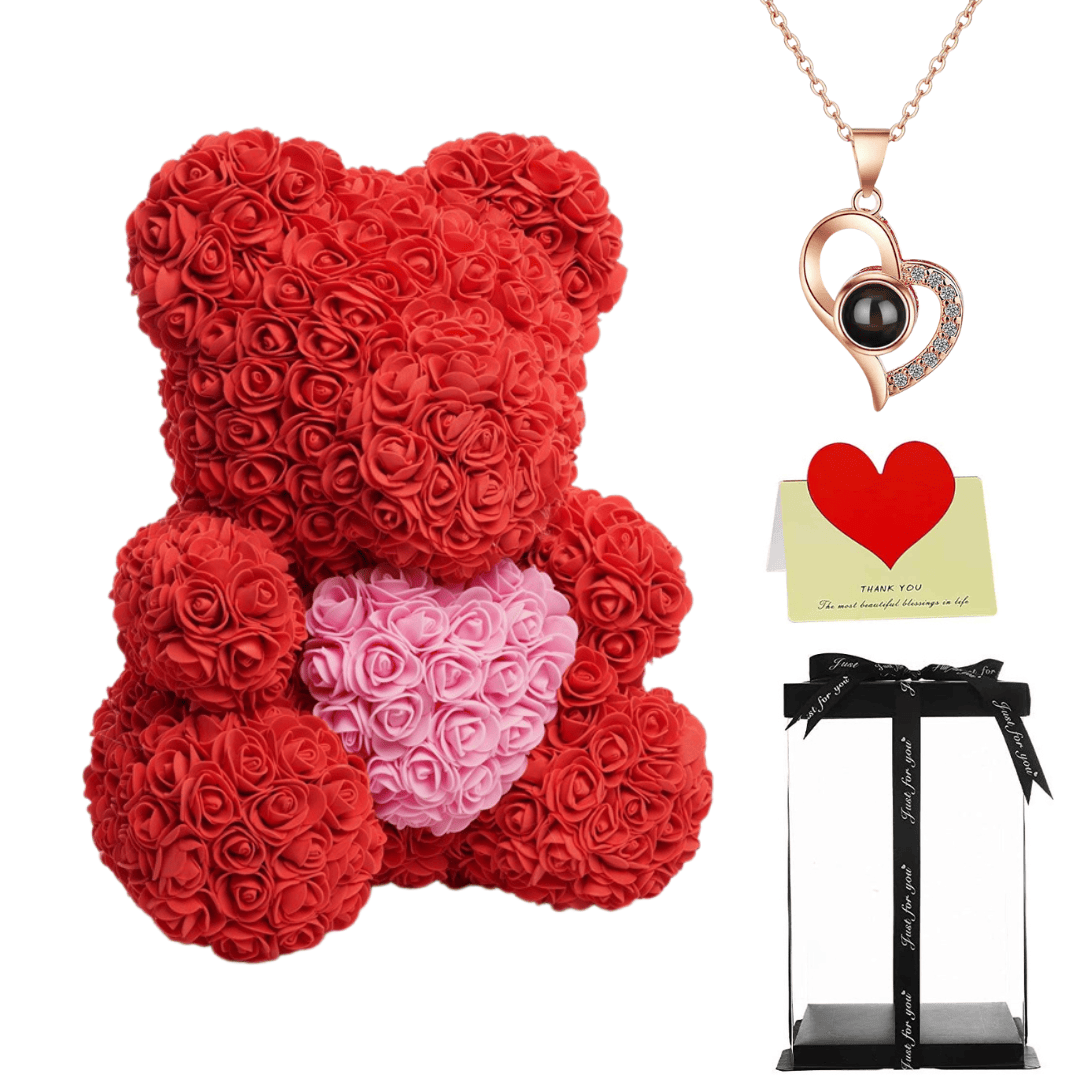 Red rose bear with necklace, perfect gift for women, girlfriends, or mothers on Valentine's Day, anniversaries, or birthdays