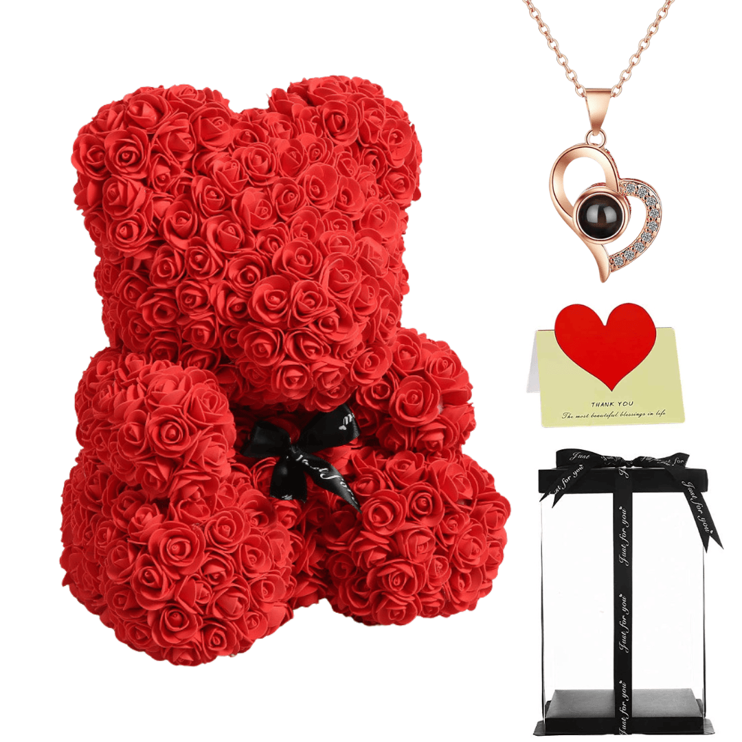 Red rose teddy bear with a black ribbon, heart necklace, thank you card, and gift box, perfect gift for her