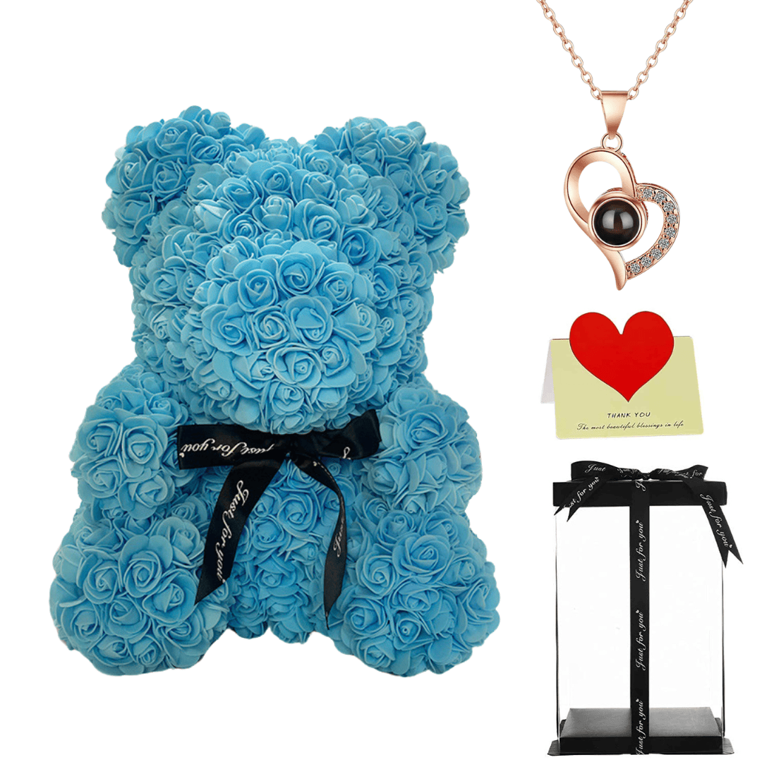 Sky Blue rose teddy bear with a black ribbon, heart necklace, thank you card, and gift box, perfect gift for her