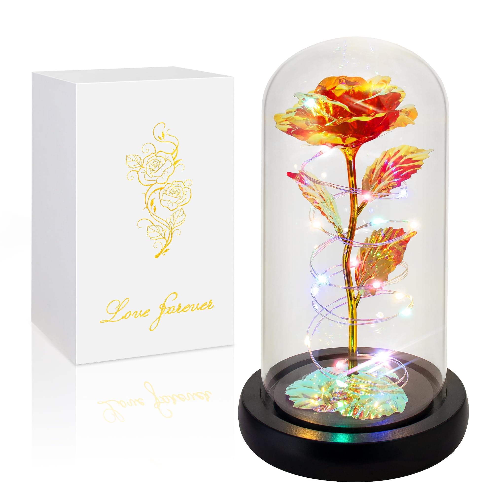 Red eternal rose in a glass dome with LED lights, perfect for romantic gifts and home decor.