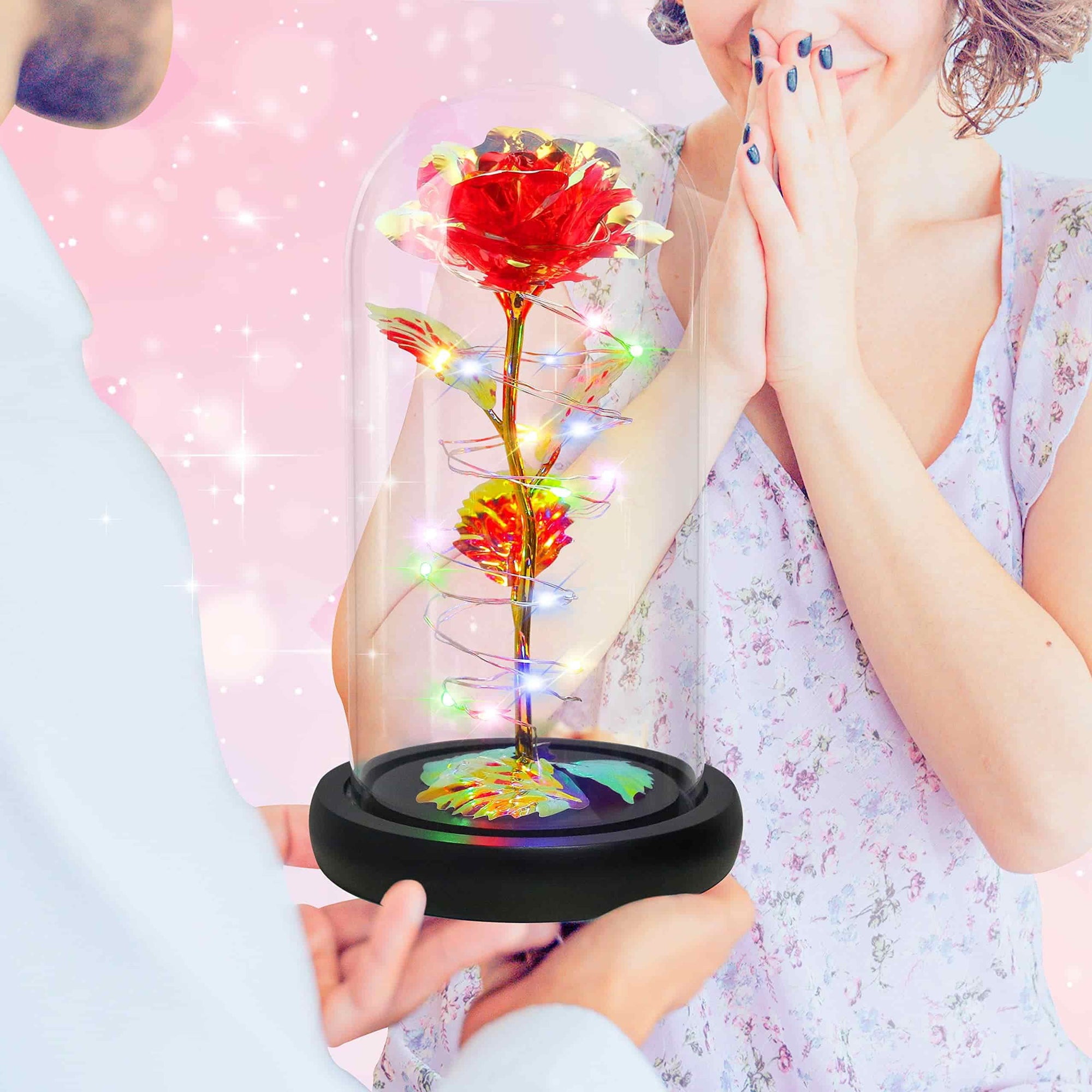 Beautiful red rose with LED lights encased in a glass dome, a timeless gift for her.
