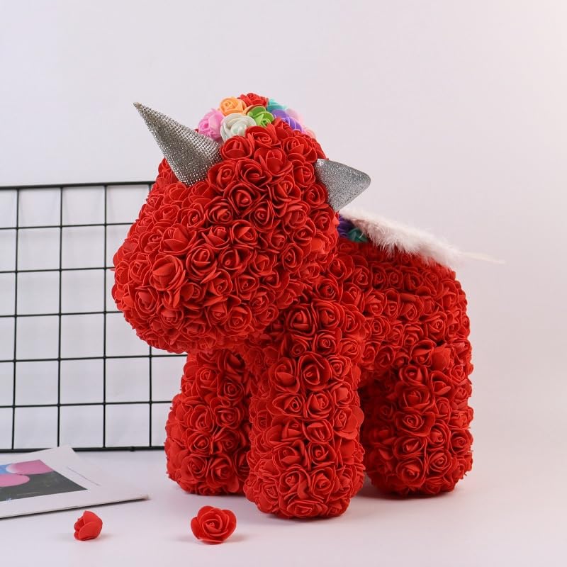 Red rose unicorn sculpture made with artificial flowers, perfect for home decor, gifts, and special occasions like birthdays