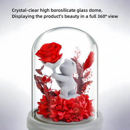 Flower presenting teddy bear in glass dome with multiple roses, ideal for expressing love on Valentine's Day or any romantic occasion.