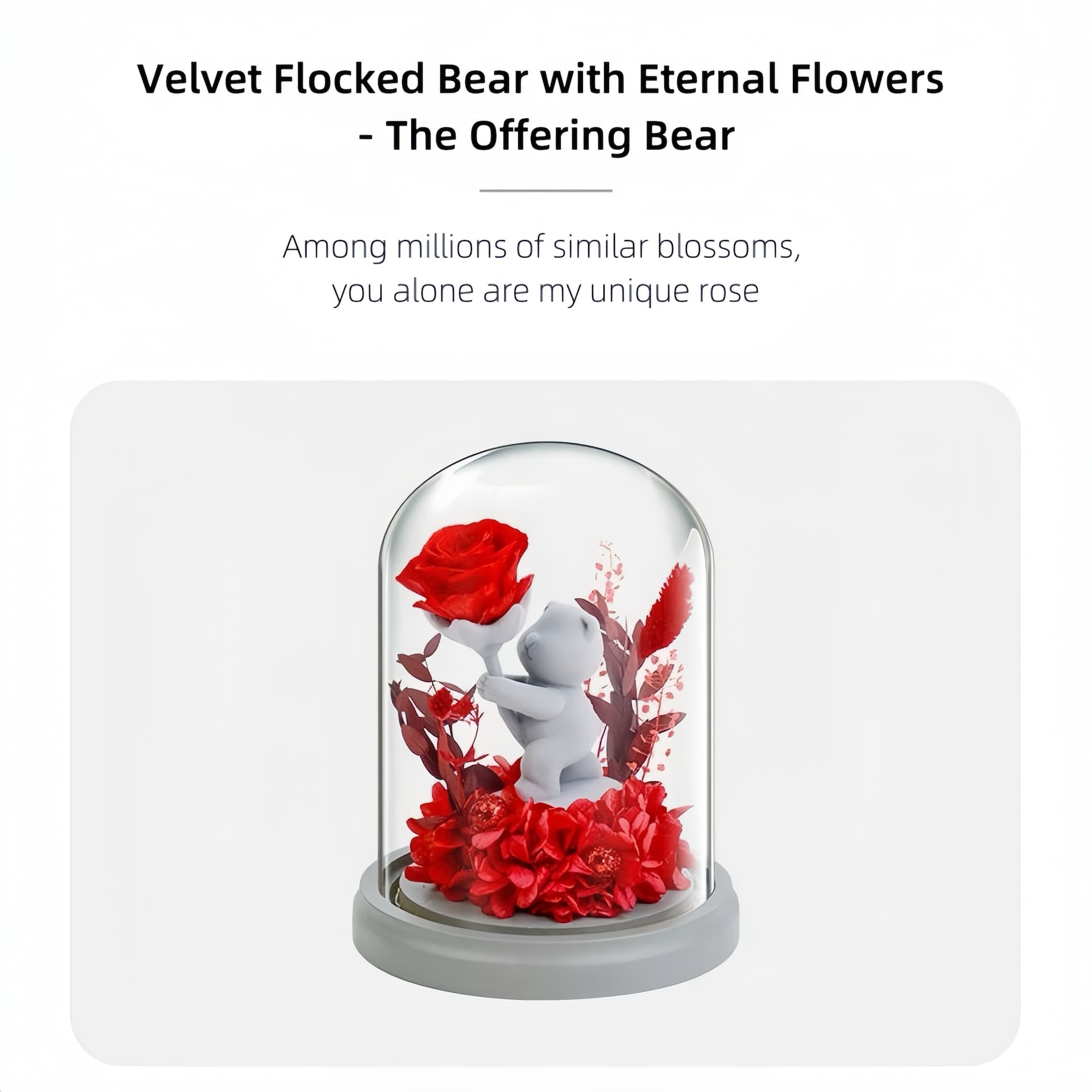 Elegant teddy bear holding preserved roses inside a glass dome, suitable for romantic gifts and unique home decorations.