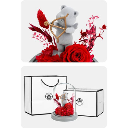 Romantic flower presenting teddy bear in glass dome, an ideal gift for expressing love on anniversaries or Valentine's Day.