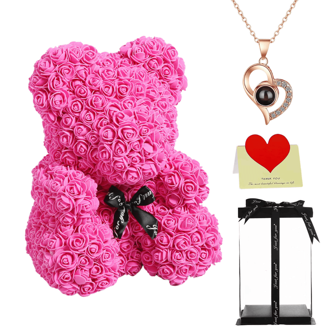 Rose Red rose teddy bear with a black ribbon, heart necklace, thank you card, and gift box, perfect gift for her