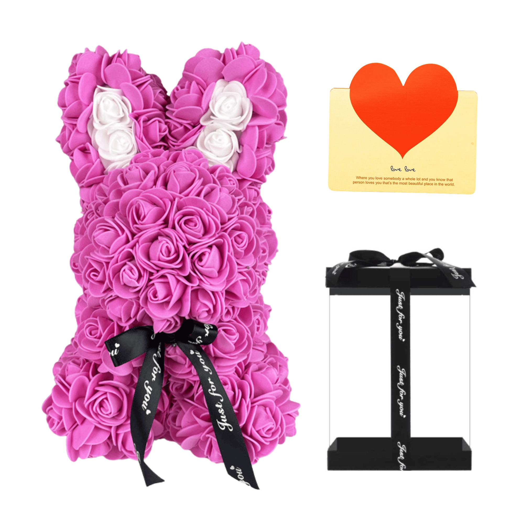 Rose Red floral bunny with roses, white accents, ribbon, and a love card, ideal for Easter, gifting to girlfriends, wives, and for anniversaries or special occasions