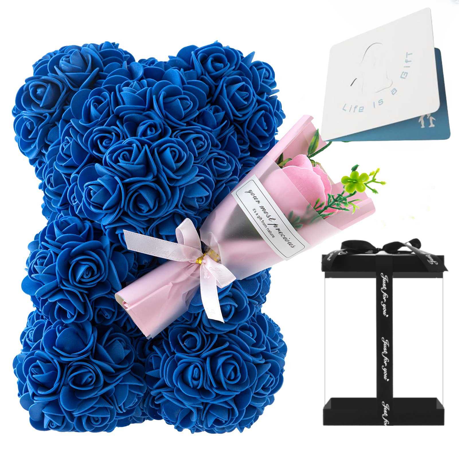Royal blue rose teddy bear with bouquet, crafted from artificial roses, a bold and unique gift for any occasion like anniversaries, birthdays, or holiday season.