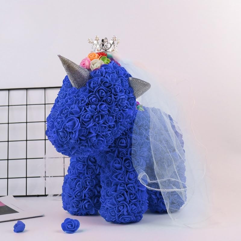 Royal rose unicorn sculpture made with artificial flowers, ideal for kids, teens, or unicorn enthusiasts, perfect for birthdays and room decor