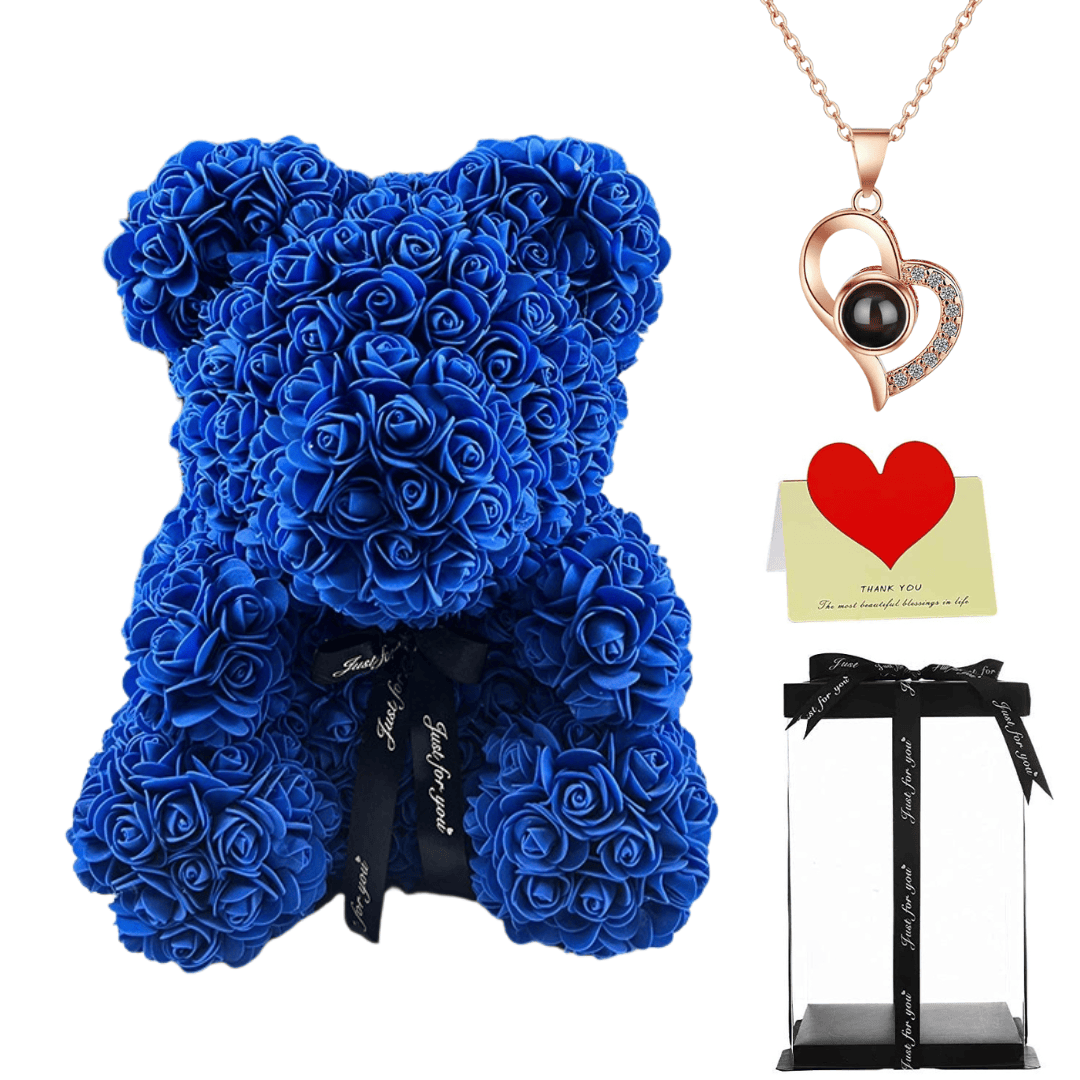 Royal rose teddy bear with a black ribbon, heart necklace, thank you card, and gift box, perfect gift for her