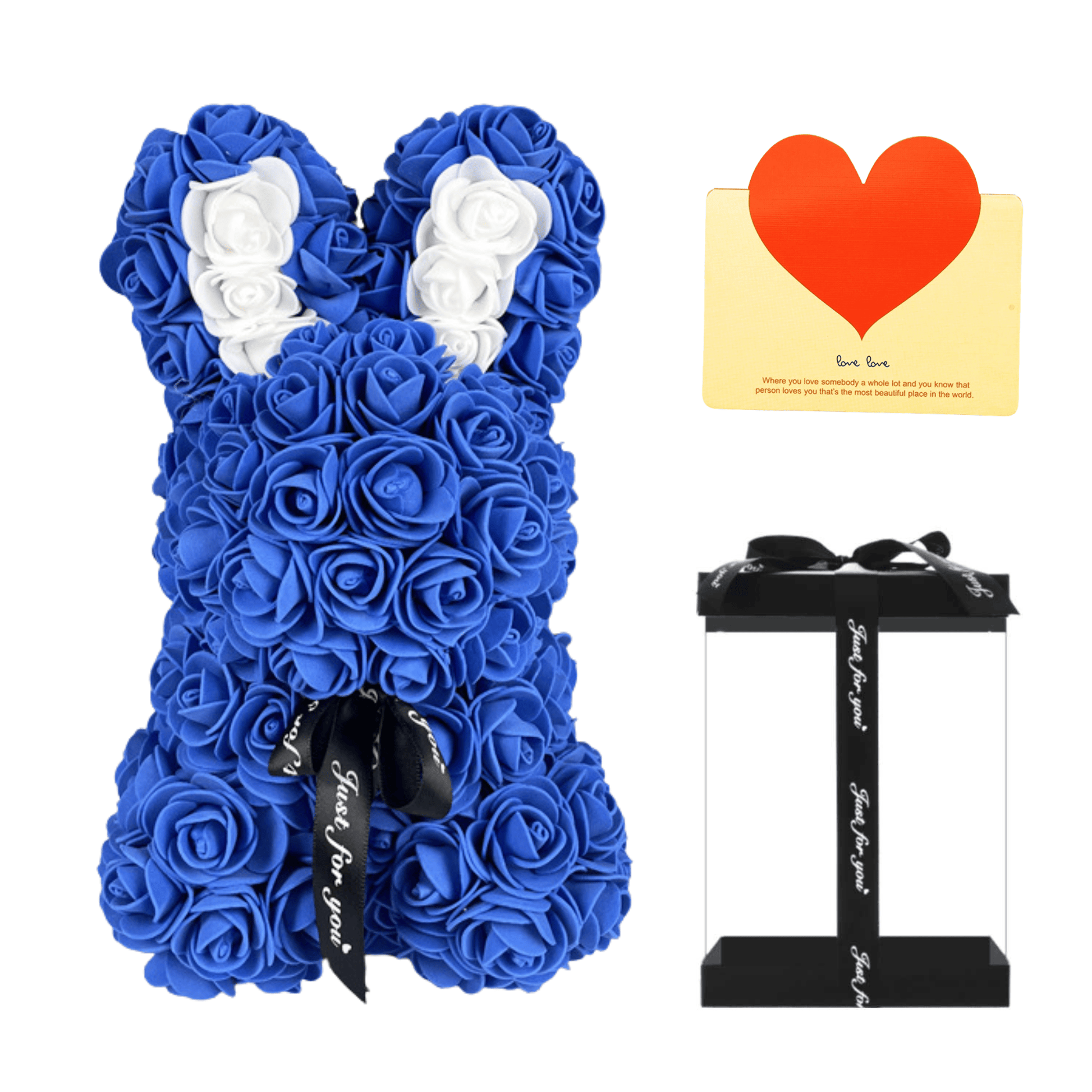 Royal floral bunny with roses, white accents, ribbon, and a love card, ideal for Easter, gifting to girlfriends, wives, and for anniversaries or special occasions