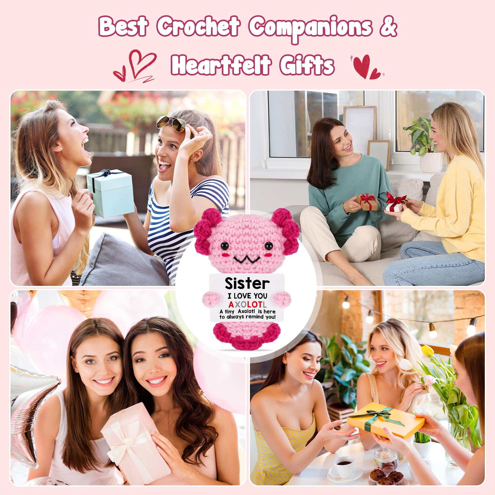 Handmade Axolotl Plush Gift with Message Card – Cute Crochet Stuffed Animal for Mom, Daughter, Sister, Grandma & More – Personalized Friendship & Family Gifts