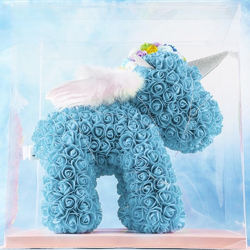 Sky Blue rose unicorn sculpture made with artificial flowers, perfect for home decor, gifts, and special occasions like birthdays