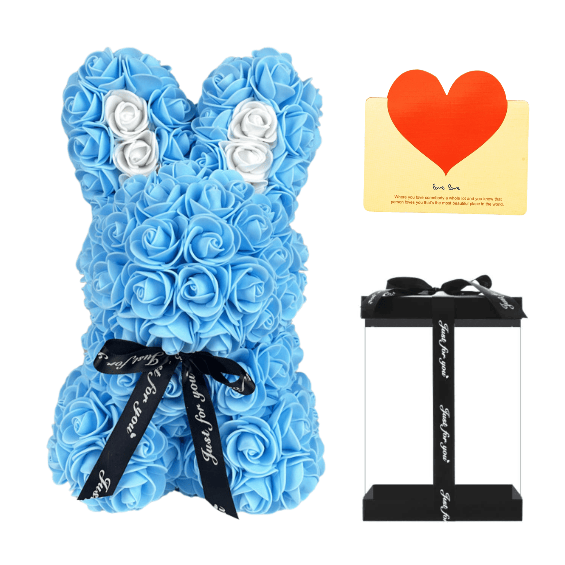 Sky Blue floral bunny with roses, white accents, ribbon, and a love card, ideal for Easter, gifting to girlfriends, wives, and for anniversaries or special occasions