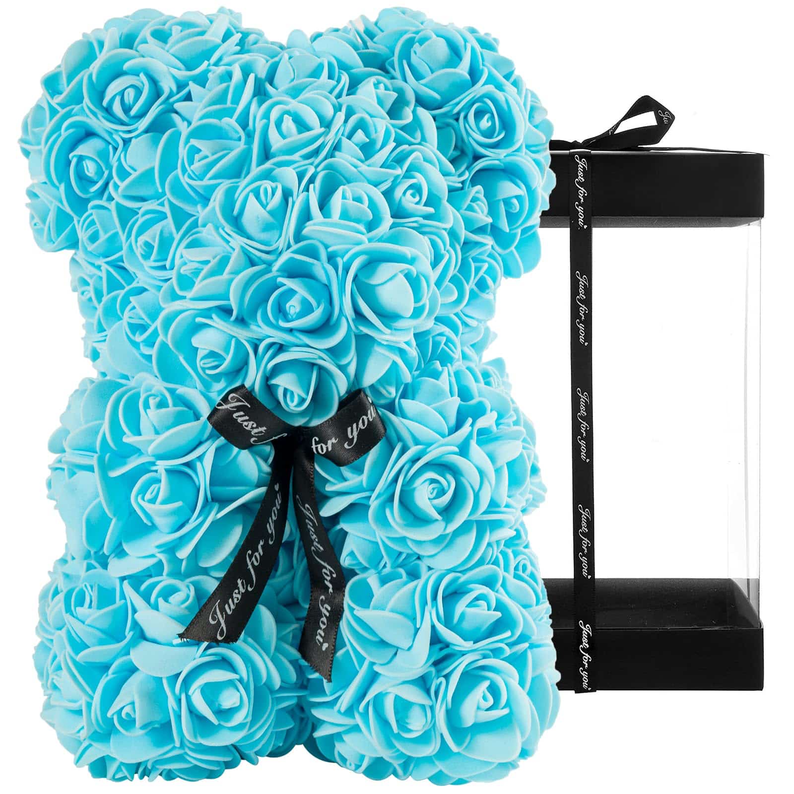 Artistic display of a teddy bear sculpture crafted from artificial roses, perfect for festive occasions.