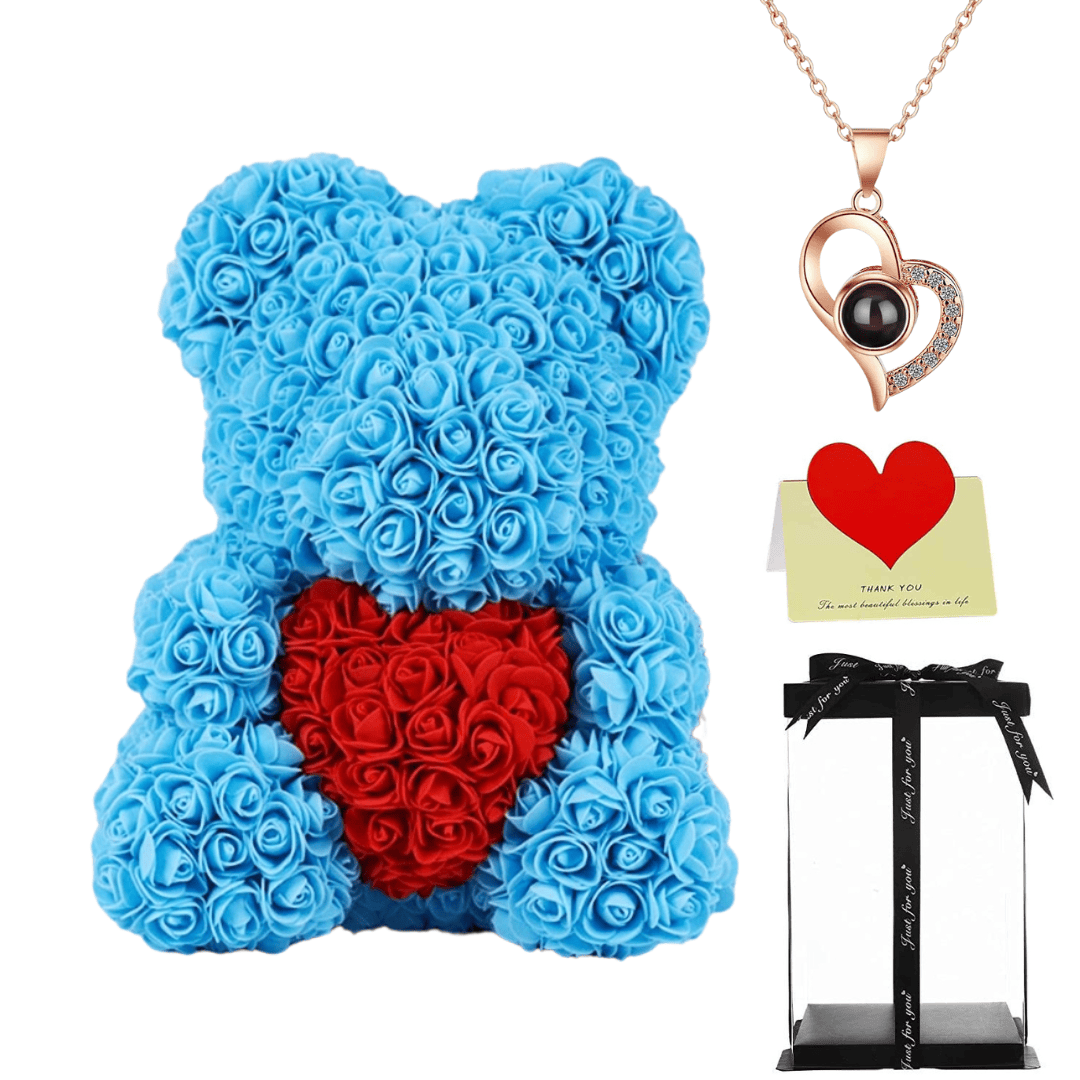 Sky Blue rose bear with necklace, perfect gift for women, girlfriends, or mothers on Valentine's Day, anniversaries, or birthdays