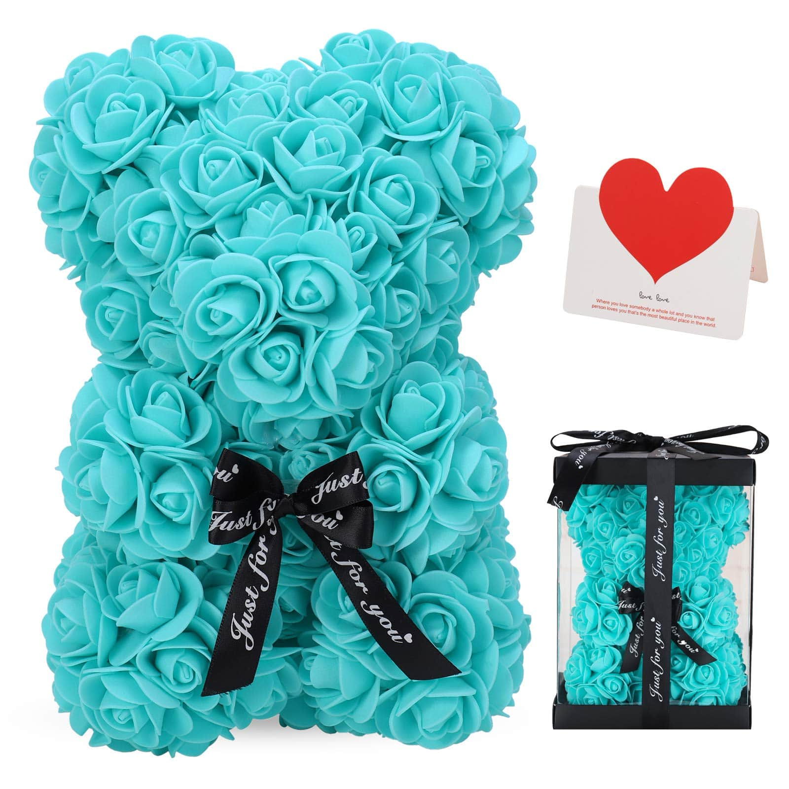 A charming teddy bear made from artificial rose flowers, a beautiful gift for Valentine's Day.