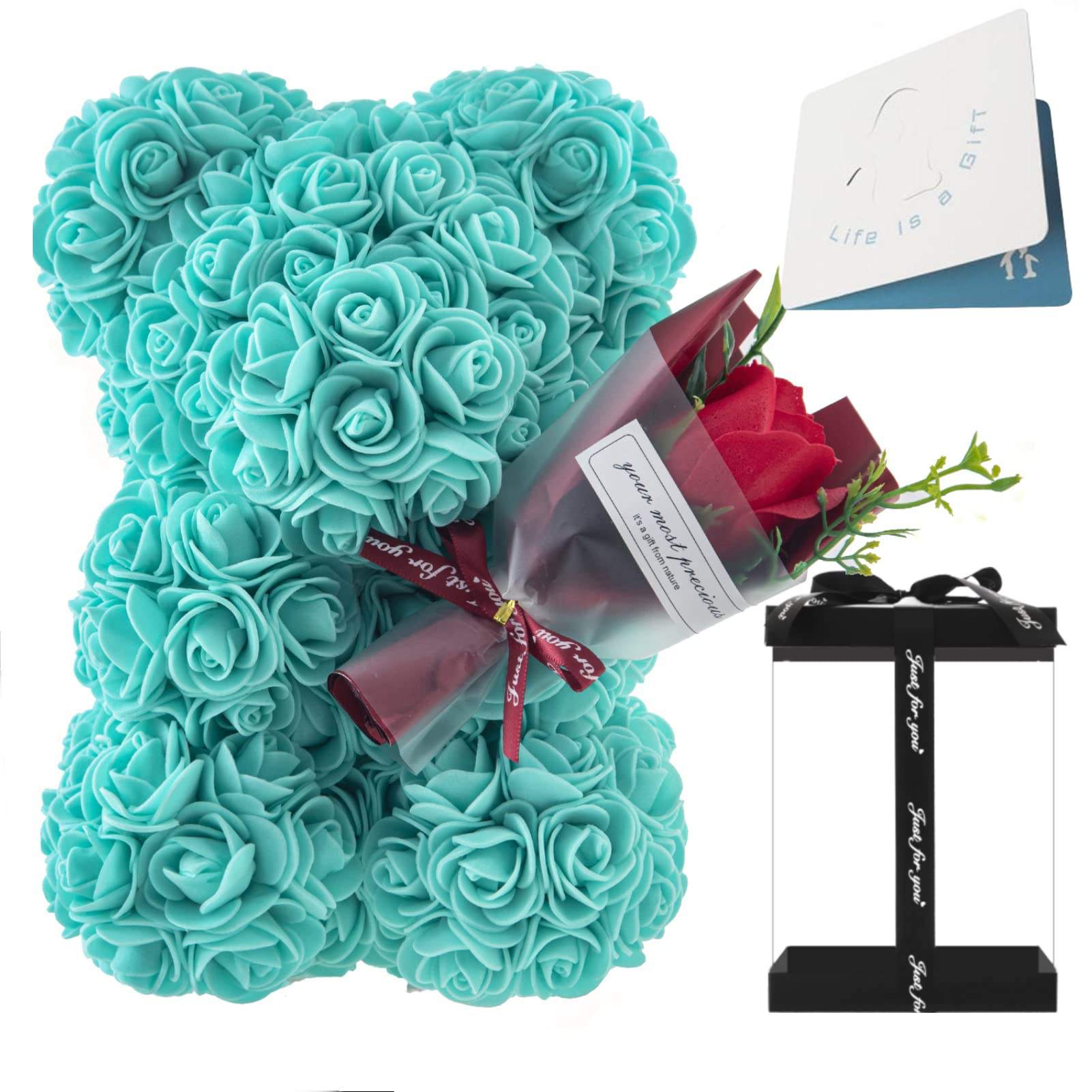 Tiffany blue rose teddy bear holding a bouquet, made from artificial roses, a beautiful and elegant gift for special days like birthdays, weddings, or holiday season.