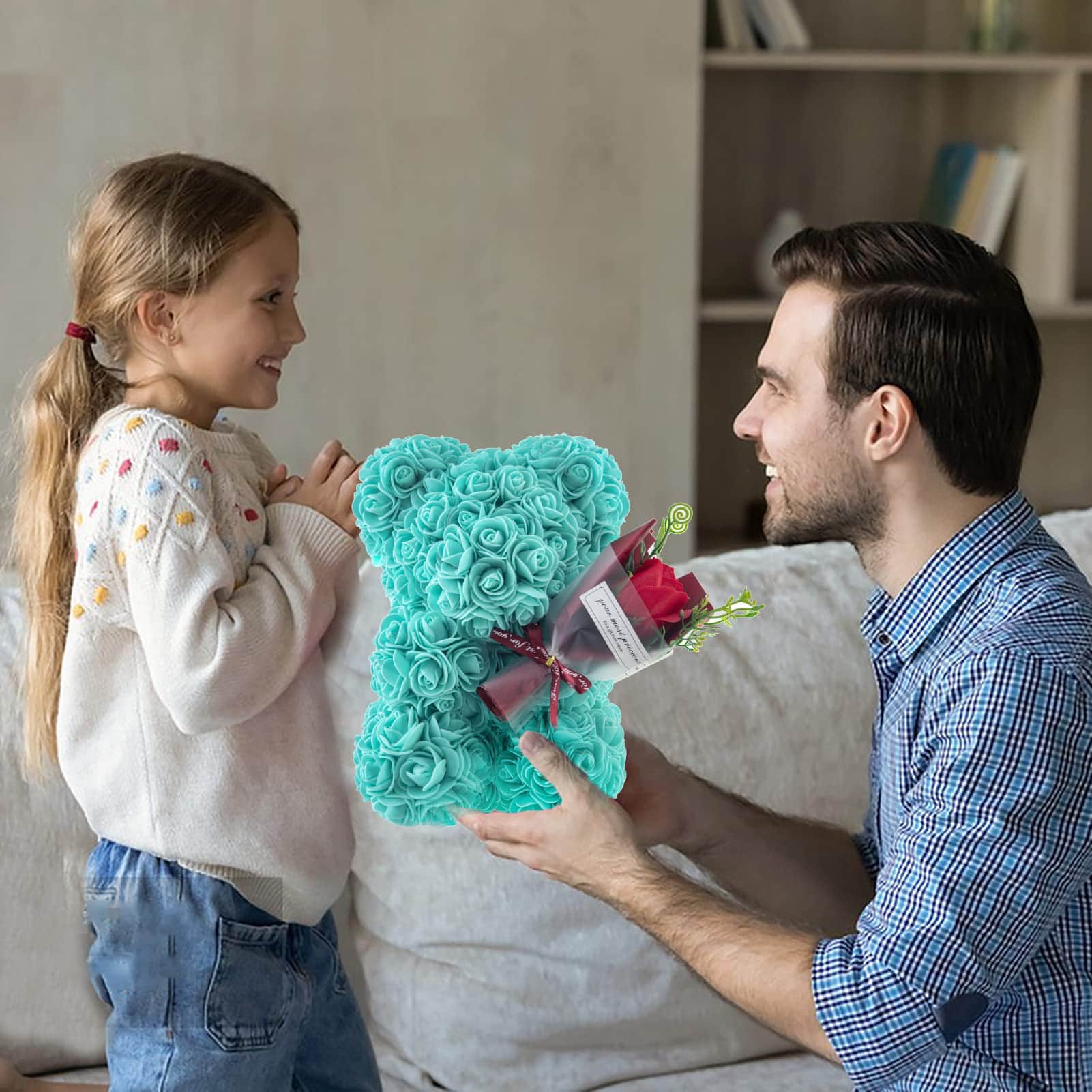 Tiffany blue artificial rose teddy bear with bouquet, a lovely and sophisticated gift for loved ones on special occasions like weddings, holiday season, or birthdays.