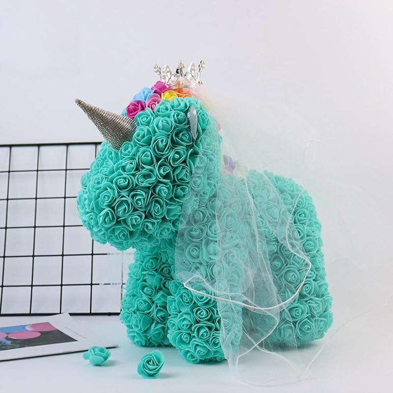 Tiffany rose unicorn sculpture made with artificial flowers, ideal for kids, teens, or unicorn enthusiasts, perfect for birthdays and room decor
