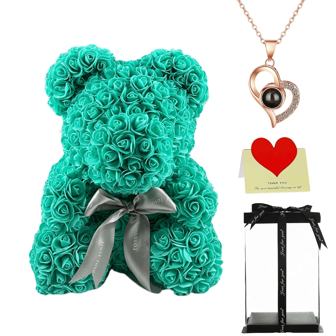 Tiffany teddy bear with a black ribbon, heart necklace, thank you card, and gift box, perfect gift for her
