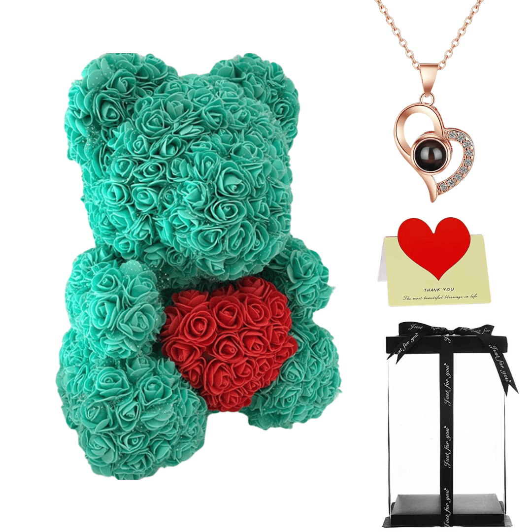 Tiffany rose bear with necklace, perfect gift for women, girlfriends, or mothers on Valentine's Day, anniversaries, or birthdays