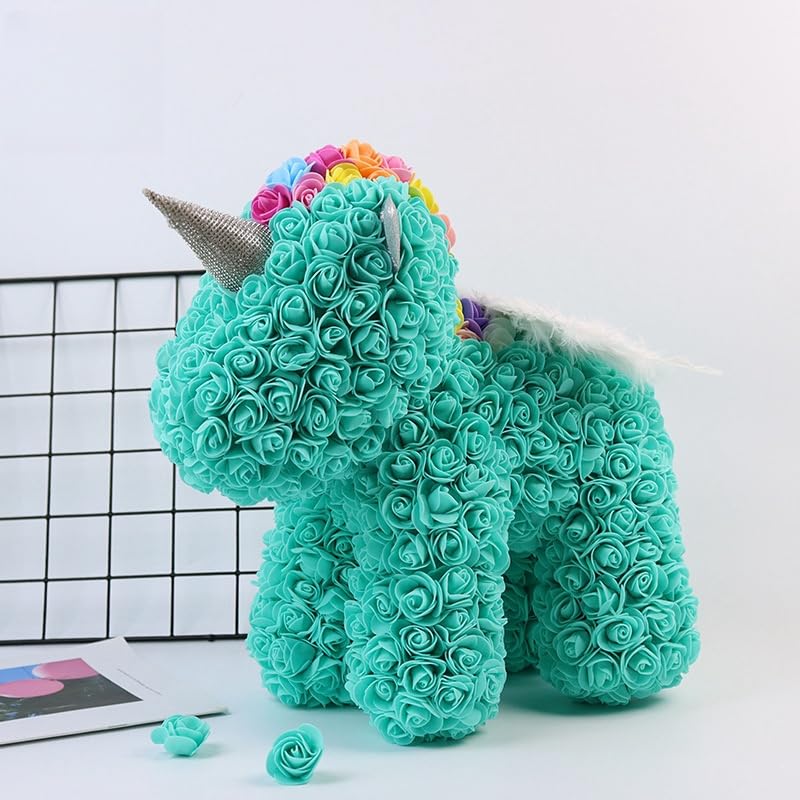 Tiffany rose unicorn sculpture made with artificial flowers, perfect for home decor, gifts, and special occasions like birthdays