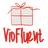 A minimalist logo for VioFluent showing a gift box outlined in red with a bow and bold red text beneath.