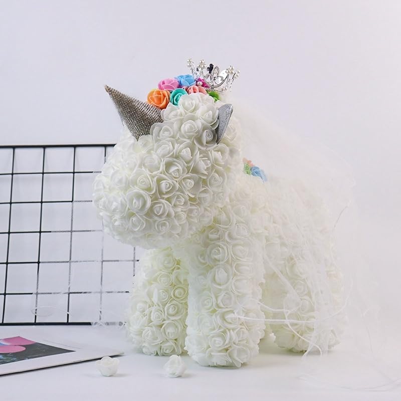 White rose unicorn sculpture made with artificial flowers, ideal for kids, teens, or unicorn enthusiasts, perfect for birthdays and room decor