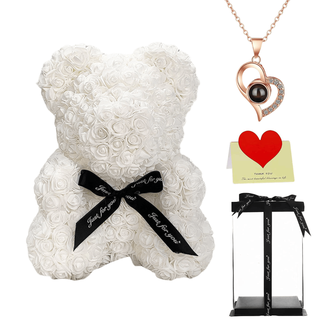 White rose teddy bear with a black ribbon, heart necklace, thank you card, and gift box, perfect gift for her