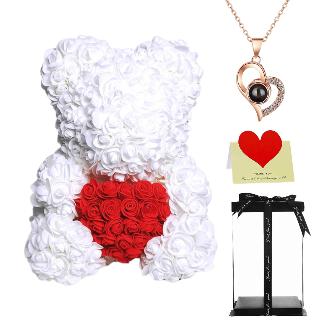 White rose bear with necklace, perfect gift for women, girlfriends, or mothers on Valentine's Day, anniversaries, or birthdays