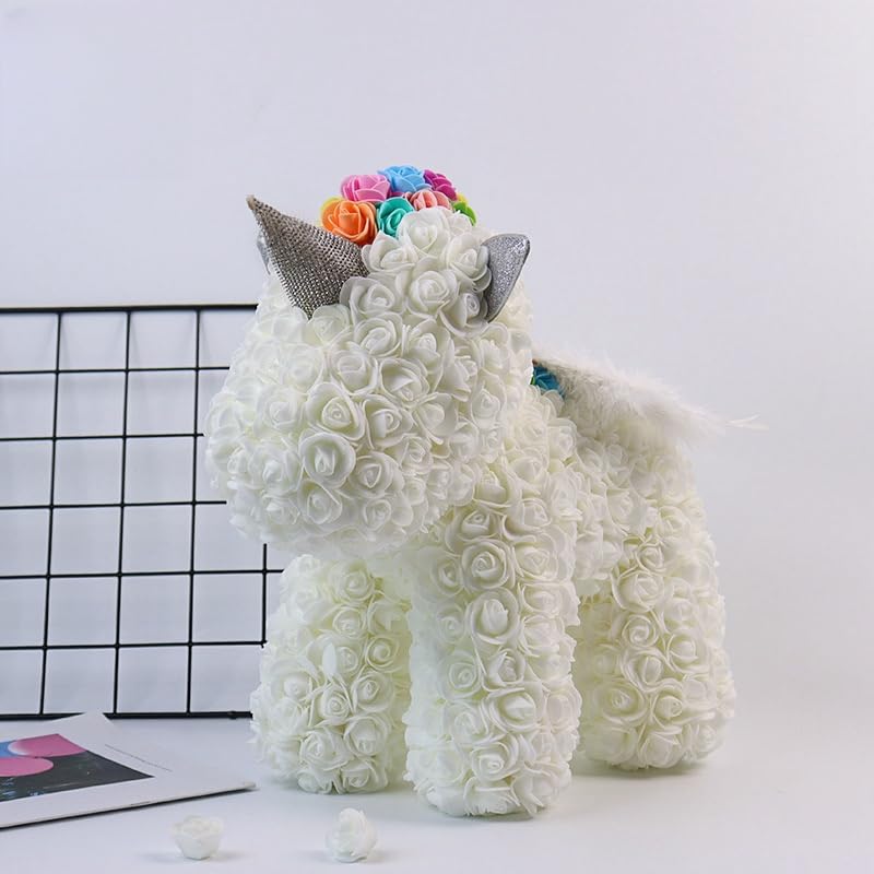 White rose unicorn sculpture made with artificial flowers, perfect for home decor, gifts, and special occasions like birthdays