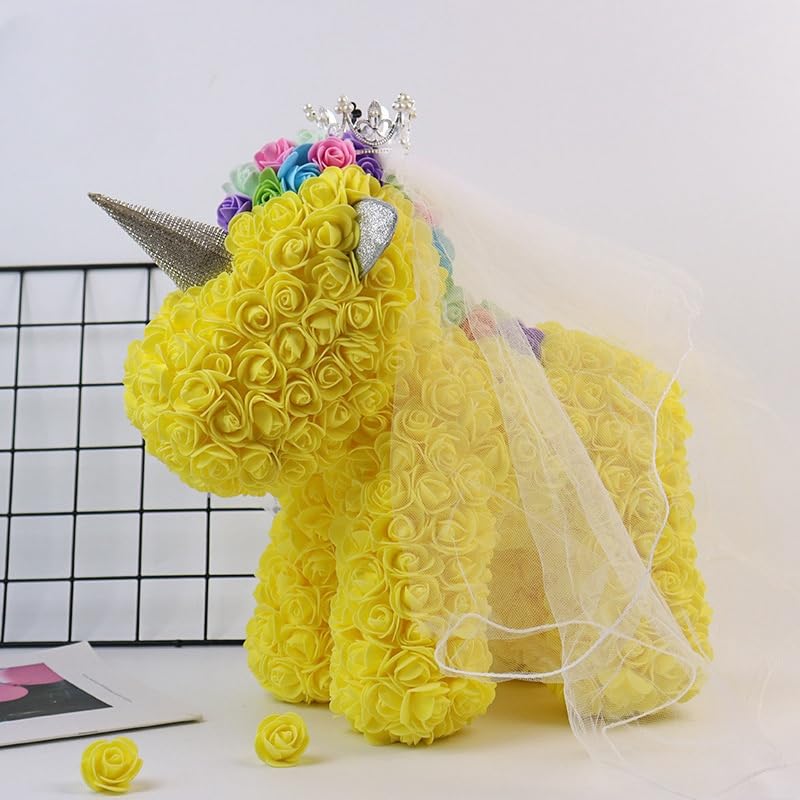 Yellow rose unicorn sculpture made with artificial flowers, ideal for kids, teens, or unicorn enthusiasts, perfect for birthdays and room decor