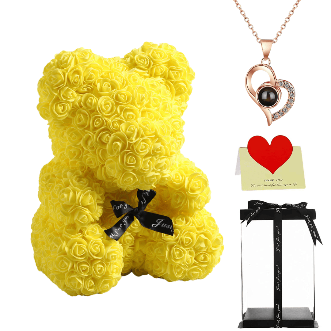 Yellow teddy bear with a black ribbon, heart necklace, thank you card, and gift box, perfect gift for her