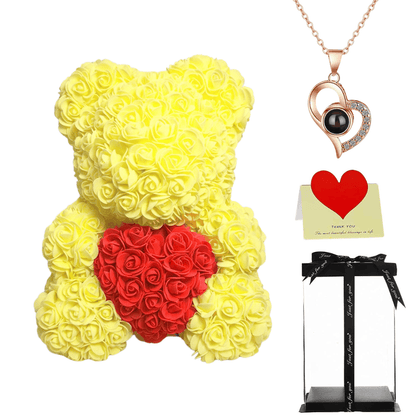 Yellow rose bear with necklace, perfect gift for women, girlfriends, or mothers on Valentine's Day, anniversaries, or birthdays