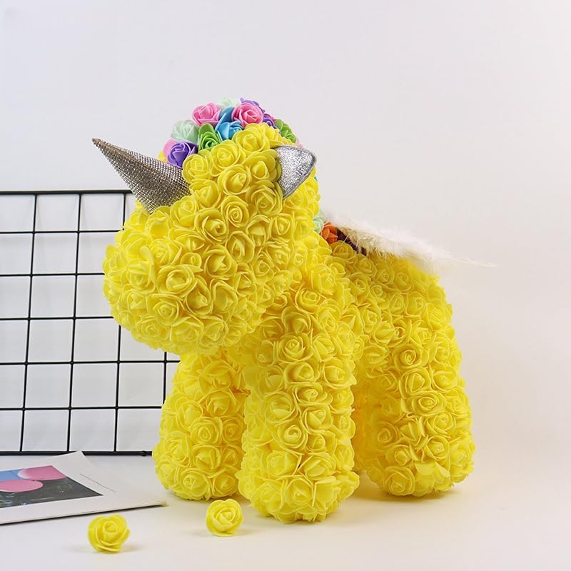 Yellow rose unicorn sculpture made with artificial flowers, perfect for home decor, gifts, and special occasions like birthdays